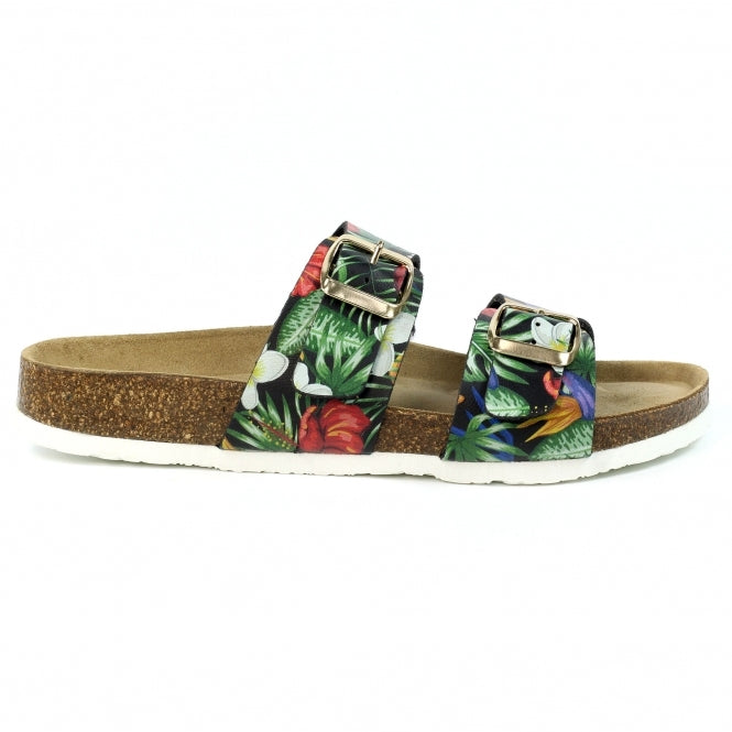 Lazy Dogz Location Ladies Black Floral Buckle Sandal