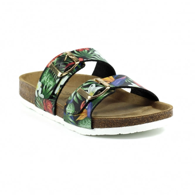 Lazy Dogz Location Ladies Black Floral Buckle Sandal