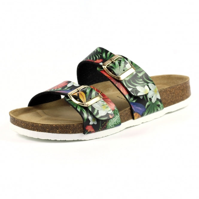 Lazy Dogz Location Ladies Black Floral Buckle Sandal