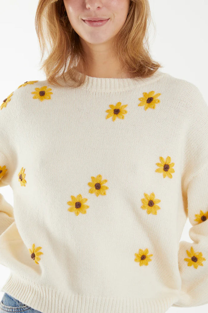 Embroidery Daisy Flower Knit Jumper Ivory