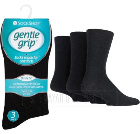 Mens Gentle Grip Diabetic Socks 3 pack Black SOMRD01H3