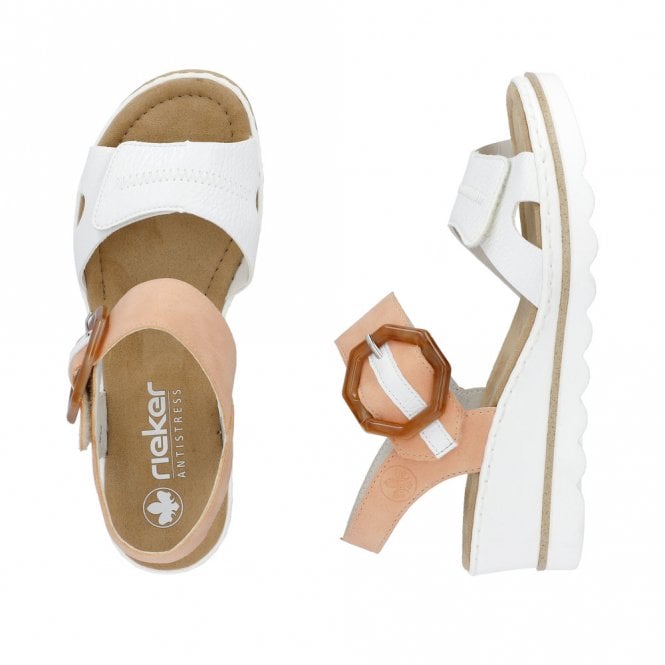 Rieker 67476-38 Ladies Duel Fasten Wedge Sandal White/Apricot