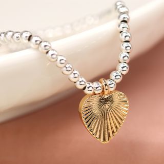 POM Silver plated bead and golden embossed heart bracelet 04015