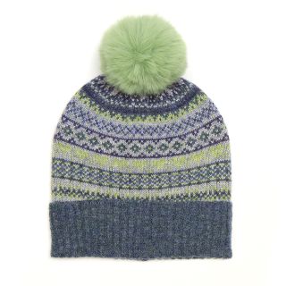 POM Fairisle Wool Blend Faux Fur Hat 40573 Denim/Soft Green