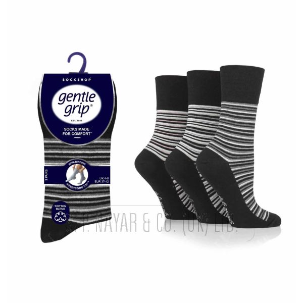 LADIES GENTLE GRIP 3 PAIR PACK NON ELASTIC SOCKS Black Stripe SOLRH228G3