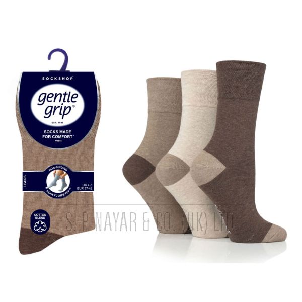 GENTLE GRIP 3 PAIR PACK NON ELASTIC SOCKS SOLRH239G3 Brown Multi