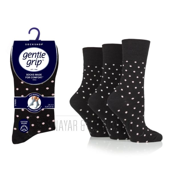 LADIES GENTLE GRIP 3 PAIR PACK NON ELASTIC SOCKS Black Spotty SOLRH240G3