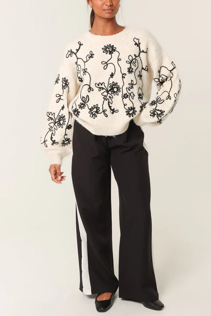 Pearl Embellished Flower Embroidery Jumper Cream