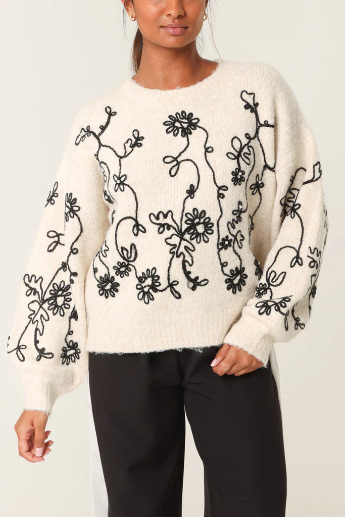Pearl Embellished Flower Embroidery Jumper Cream