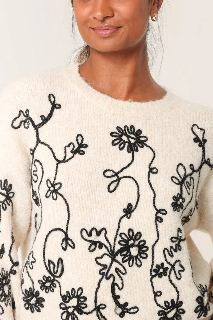 Pearl Embellished Flower Embroidery Jumper Cream