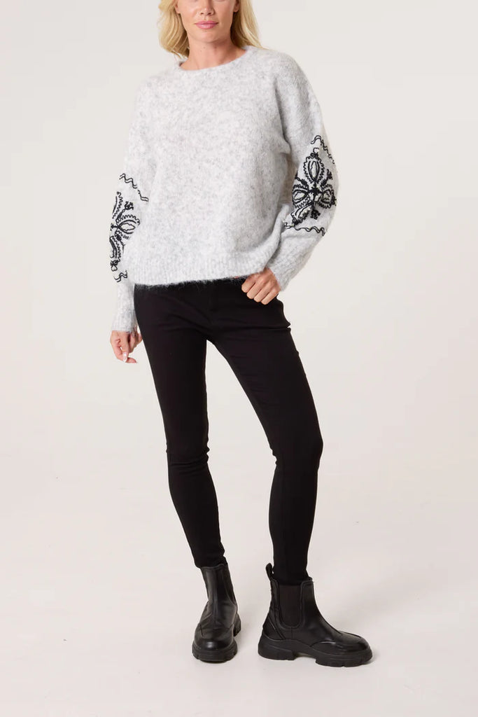 Floral Embroidery Sleeve Knit Jumper Grey