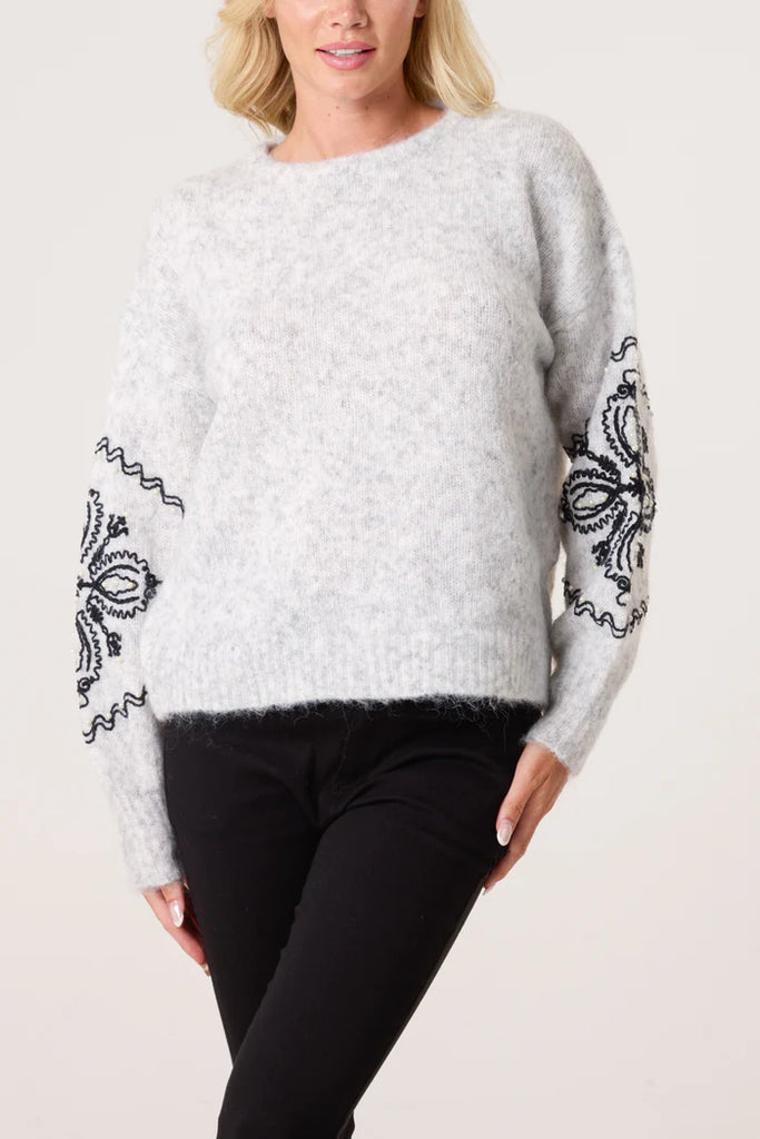 Floral Embroidery Sleeve Knit Jumper Grey