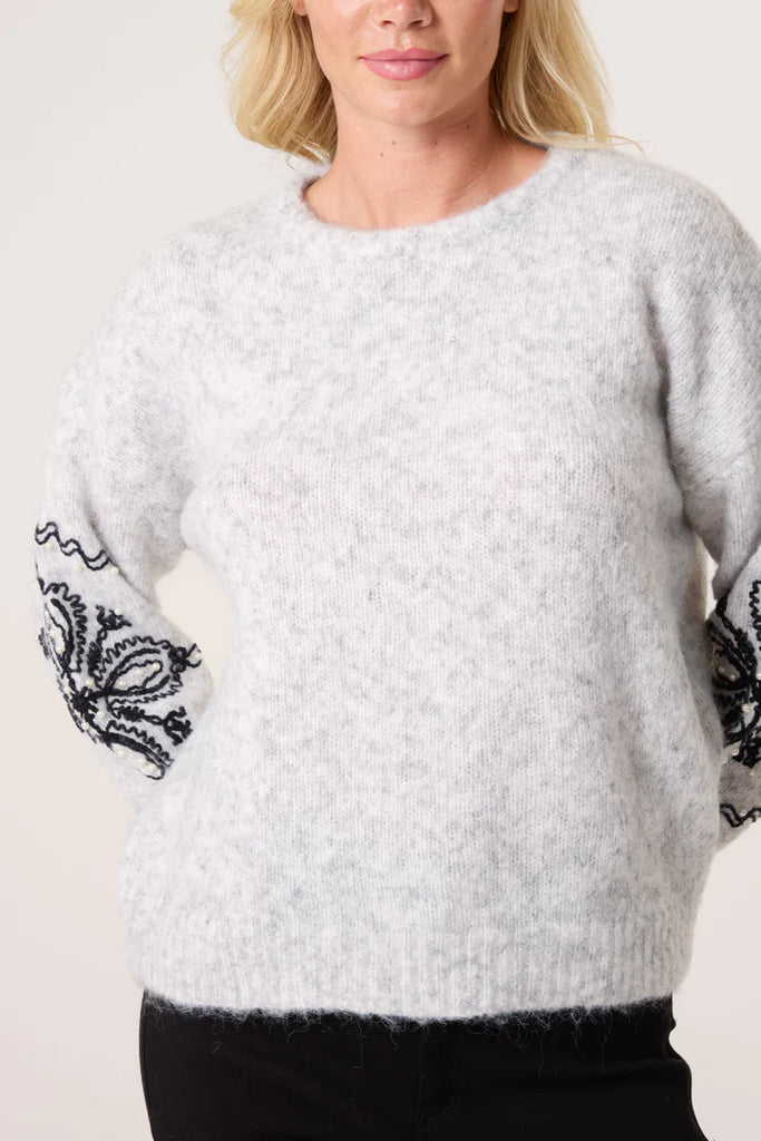 Floral Embroidery Sleeve Knit Jumper Grey