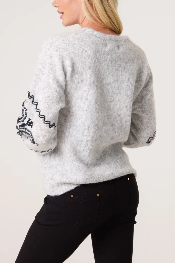 Floral Embroidery Sleeve Knit Jumper Grey