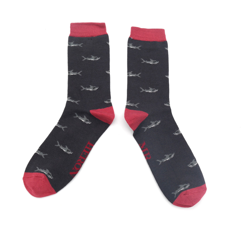 Mr Heron Mens Bamboo Socks - Little Sharks Charcoal and Teal