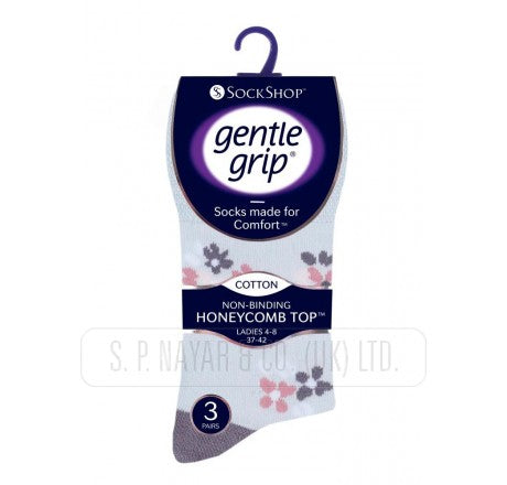 Ladies Gentle Grip 3 Pair Non Elastic Socks Pink/Grey Floral 4-8 SOLRH160G3