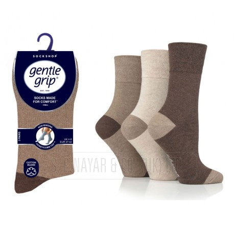 Ladies Gentle Grip 3 Pair Pack Non Elastic Socks Beige Multi SOLRH239G3