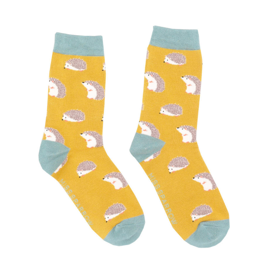 Miss Sparrow Ladies Bamboo Socks - Cute Hedgehogs Blue and Yellow