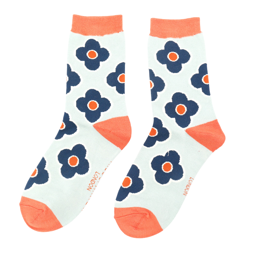 Miss Sparrow Ladies Bamboo Socks - Retro Flowers Navy and Duck Egg